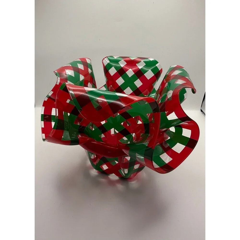 Vintage Christmas Plastic Ruffled Dish Red & Green Plaid Ribbon Candy Bowl